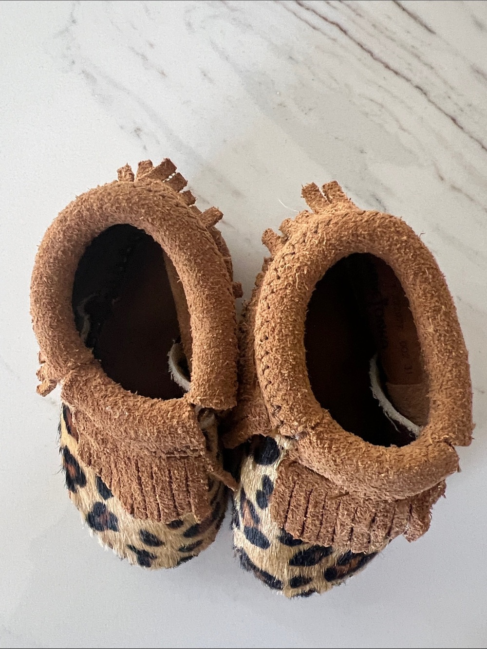 Minnetonka Moccasins Baby Leopard Print Fringe Slip-Ons - Brown - Picture 2 of 5